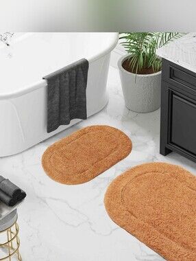 Superior Oval Solid Non-Skid Washable Cotton 2-Pc. Bath Rug Set.
